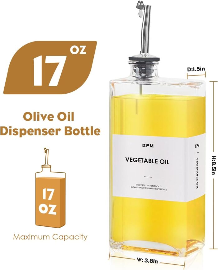 KFM Set Of 4 Olive Oil Dispenser for Kitchen, 17oz Glass Oil Bottle with 2 Stainless Steel Pourers and 44 Labels, Perfect for Oil, Vinegar, Soy Sauce, and Syrups - Image 3