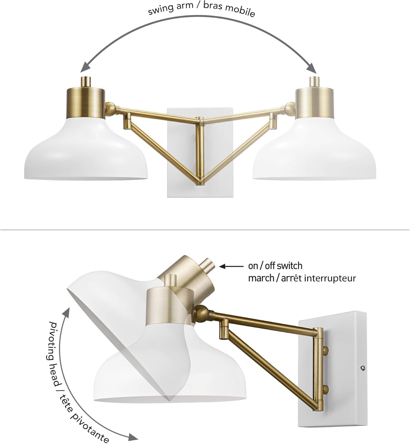 GLOBE Electric 51344 1-Light Plug-in or Hardwire Swing Arm Wall Sconce, White, Brass Accents, White-Cloth Cord, Mounted Bedside Lamp, Kitchen Sconces Wall-Lighting, Bulb Not Included