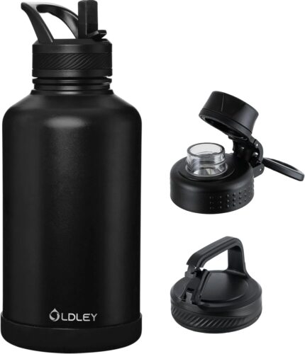 OLDLEY 64 oz Insulated Water Bottle With Straw, Stainless Steel Sports Water Cup Flask with 3 Lids(Straw, Spout and Handle Lid) Double Walled Travel Thermal Canteen Mug,Black