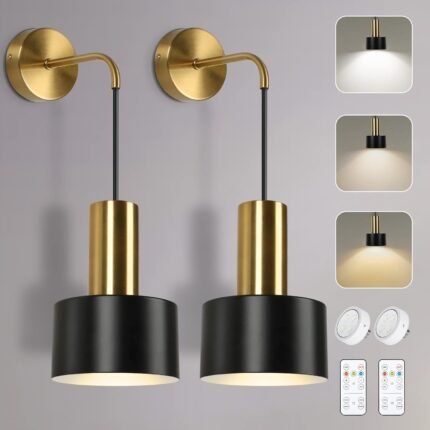 Set of 2 Battery Operated Wall Sconces, Wireless Wall Lights with Remote, Black & Gold Dimmable Wall Lamps with 3000K/4000K/6000K LED Bulbs, Modern Sconces for Bedroom Living Room Hallway