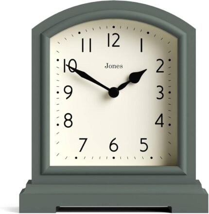 JONES CLOCKS® Tavern Mantel Clock | Modern Arch top Design | Asparagus Green | Contemporary Classic Style for Desk, Table, Shelf or Bedside