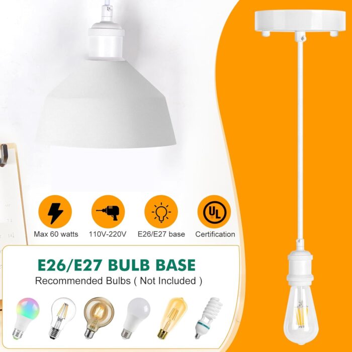 Upgraded White Pendant Light kit, UL E26/E27 Lamp Socket with Aluminium Enclosure Pendant Light Cord, Industrial Hanging Light Cord Kit with Adjustable Length, Mini Edison Retro Lamp Socket - Image 3