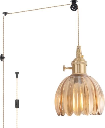 Mini Plug in Pendant Light Hanging Light Fixture Corded On/Off Switch Brass Pendant Light with Amber Tulip Glass Lampshade for Bedroom Living Room Kitchen Island