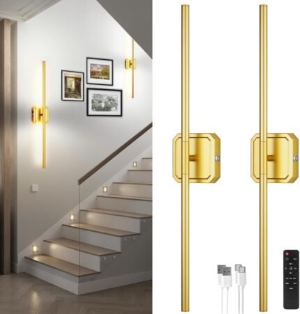 Battery Operated Wall Sconce Set of 2, 28.5″ No Wire Needed Easy Install, Rechargeable 10000mAh Dimmable LED Light with Remote, 3000K-6500K for Bedroom Bathroom