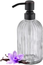 16Oz Clear Glass Soap Dispenser with Rust Proof Bronze Stainless Steel Pump, Refillable Bathroom Soap Dispenser with Vertical Stripe, Oil Rubbed Bronze Pump Kitchen Dispensers