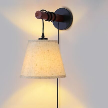 Plug in Wall Sconces, Bedside Wall Lamp with Wood Arm, Fabric Wall Light with On/Off Switch for Bedroom, Living Room, Farmhouse