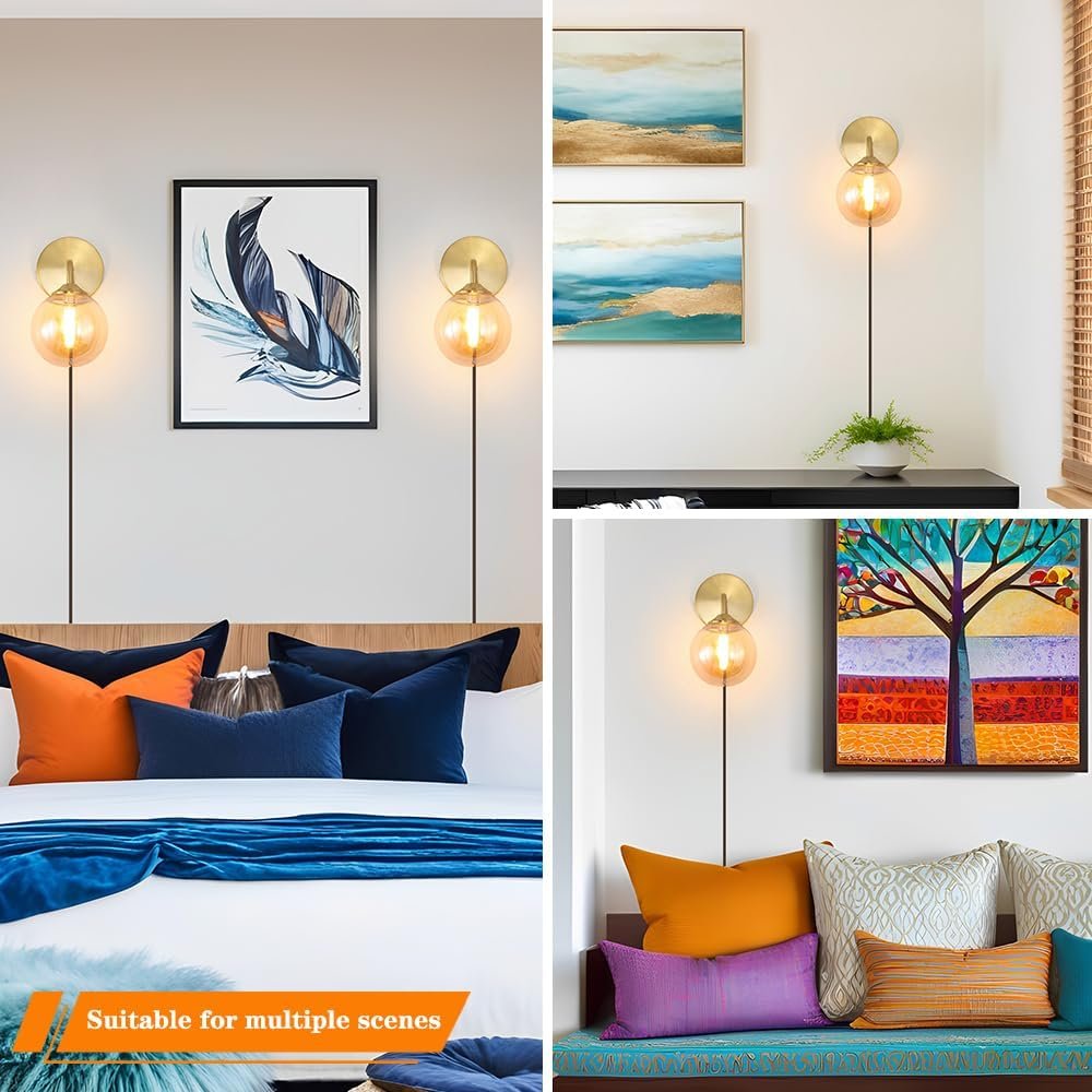 Modern Gold Plug in Wall Light, Wall Light Fixture with Amber Glass Shade, Elegant Brass Sconces Wall Decor Set of 2, Wall Sconce Light with Plug in Cord for Bedroom Hallway Reading