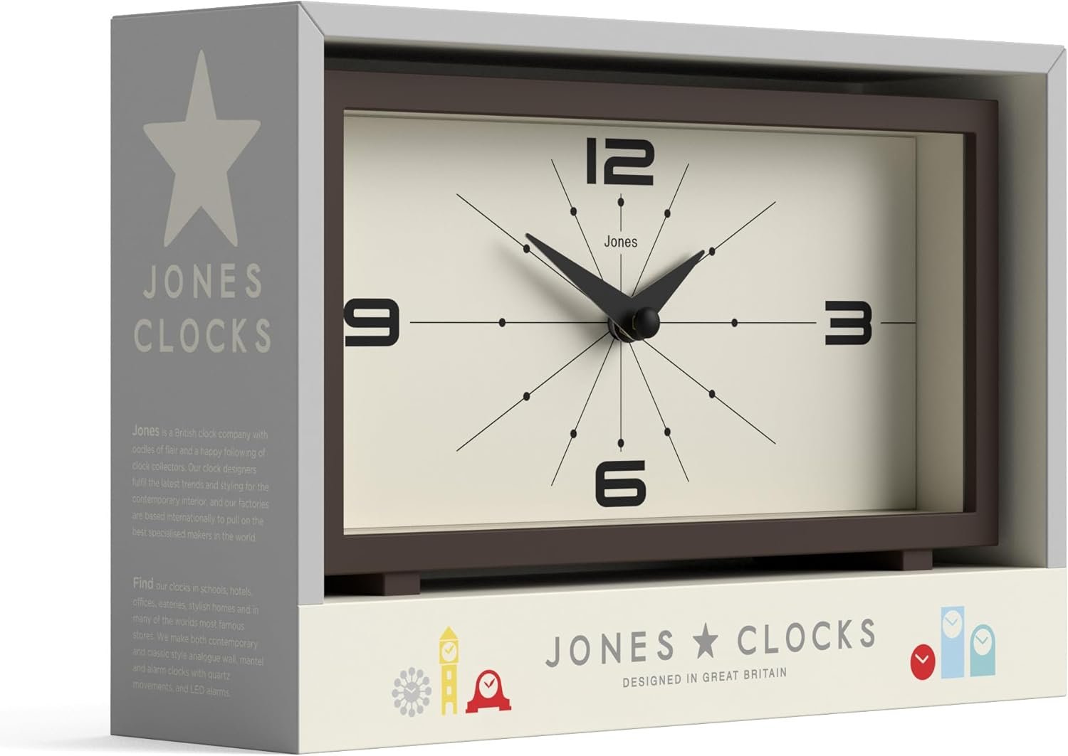 JONES CLOCKS® ‘Odeon’ Desk Clock | Modern Rectangular Design in Brown, Stylish Retro Look for Shelf, Table, Mantel or Bedside