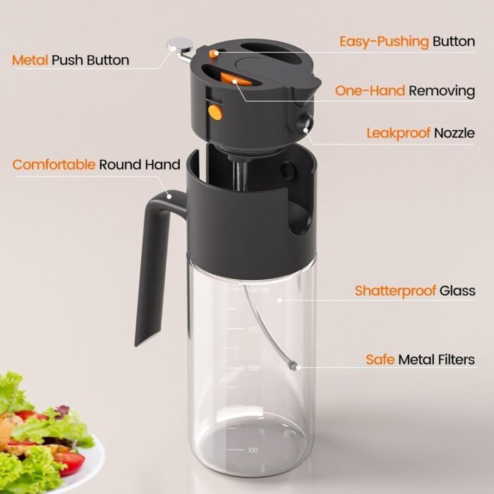 Oil Sprayer for Cooking, 2025 Large Advanced Olive Oil Dispenser Bottle,500ml/17oz Glass Olive Oil Sprayer,2 in 1 Even Spray with Portion Control for Kitchen, Air Fryer, Salad, BBQ - Black - Image 8