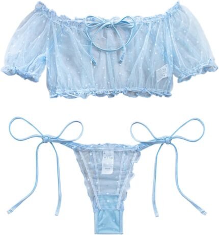 Lilosy Sexy Stretch Ruffle Tie Sheer Mesh Lingerie Set Outfits