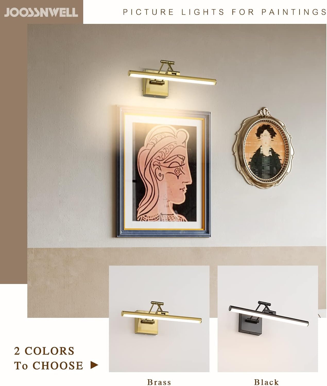 Joossnwell LED Picture Lights for Paintings Dimmable 15.5 Inch Long Hard-Wired Picture Frame Lights Brass Gallery Wall Light with Adjustable Swing Arm Art Display Lamps 7W 3000K Warm White