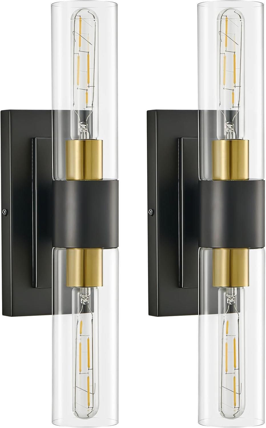 19″ Black and Gold Wall Sconces Set of Two,Modern Bathroom Light Fixtures,2-Light Vanity Lights for Mirror,Indoor Wall Lamp Wall Mount Hardwired Light for Bedroom with Clear Glass E26 Base