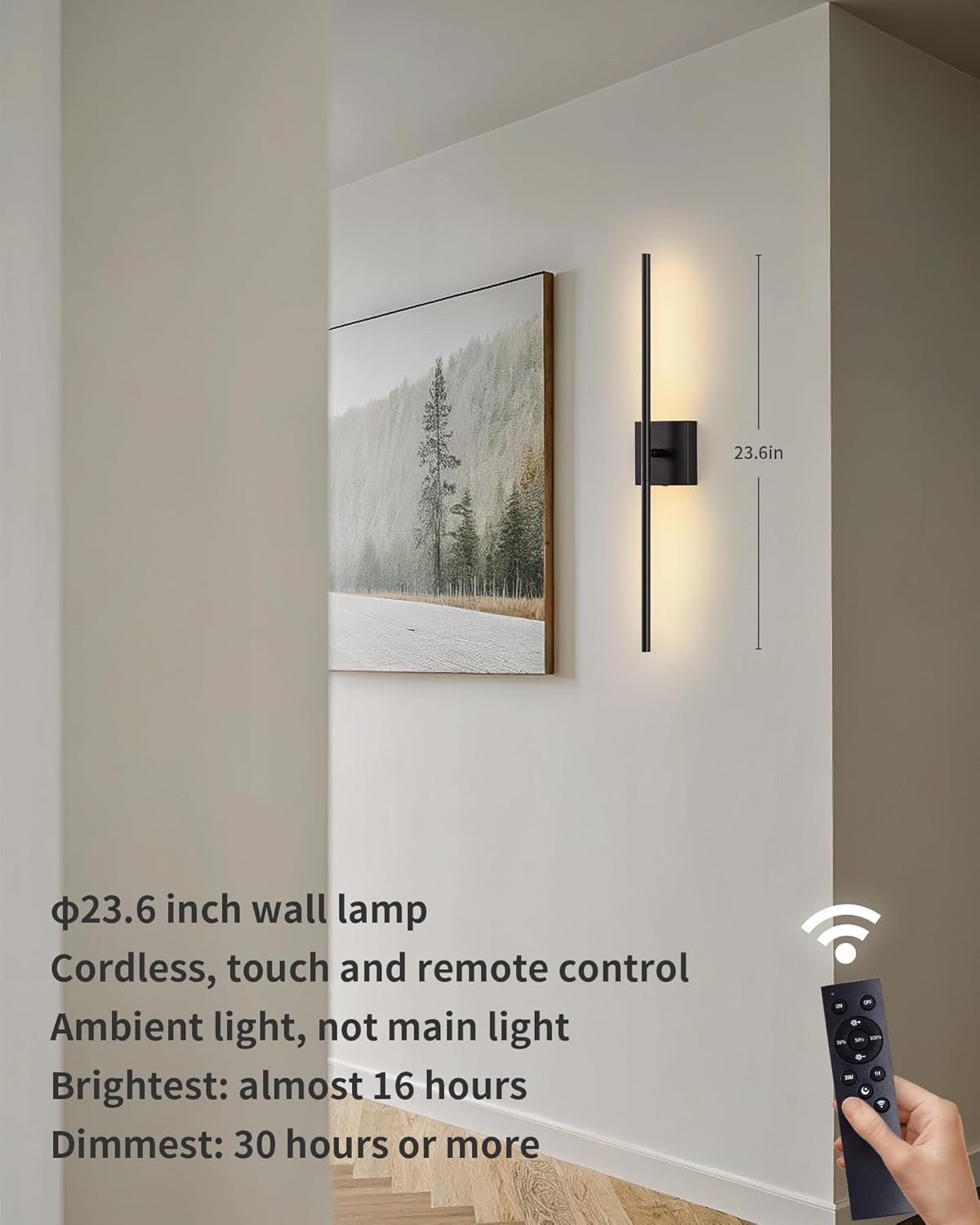 KDG Cordless Wall Sconces Set of 2, Wireless 7000mAh Rechargeable Battery Operated LED Wall Lamps with Remote, 360° Rotate Lightings for Wall Painting, Bedroom, Hallway, Night Light 23.6 inch (Black)