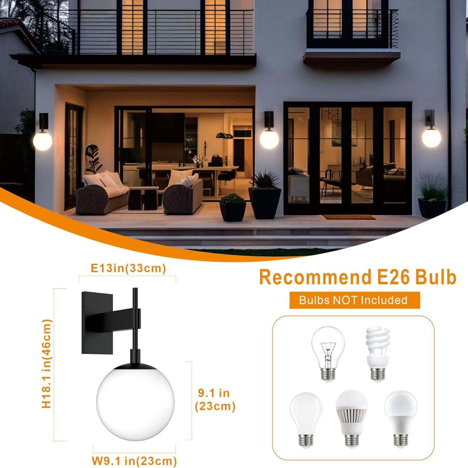 Hyunbae Outdoor Wall Sconce, 18.9″ Large Size Wall Light, Exterior Light Fixtures Wall Mount for House, Globe Glass Front Porch Lights, Waterproof Outside Lighting Sconce Lamp with E26 Base