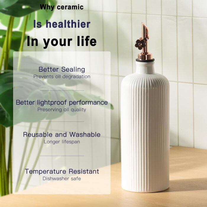 Dizada Olive Oil Dispenser Bottle for Kitchen, (22 Oz+14 Oz) Ceramic Olive Oil and Vinegar Bottles Dispenser with Stainless Steel Spout, Set of 2 - Image 4