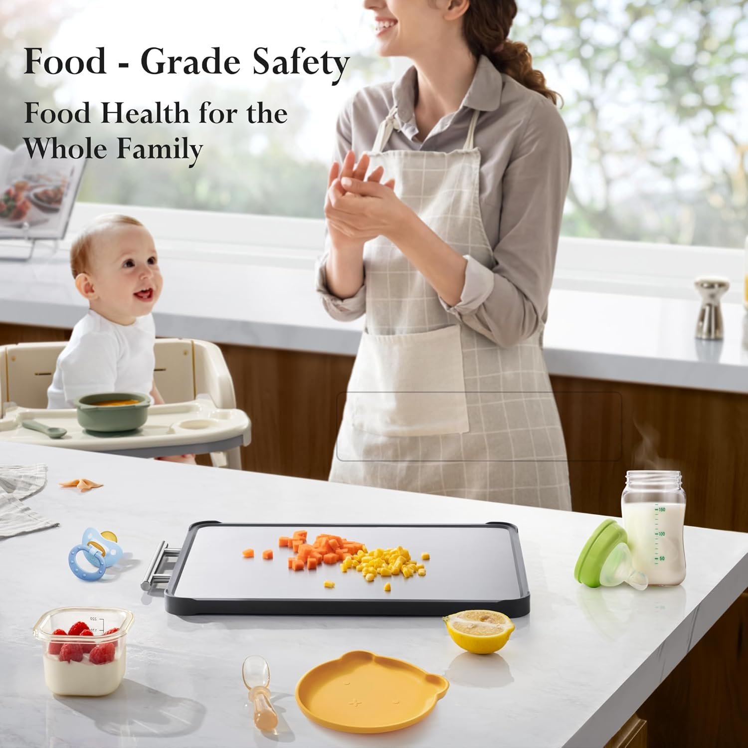 2 Pack Stainless Steel Chopping Board, Double Sided Stainless Steel Cutting Boards with Handle, Large Cutting Boards for Kitchen, Wheat Straw PP/Dishwasher Safe/Food-Grade(16×11 In)