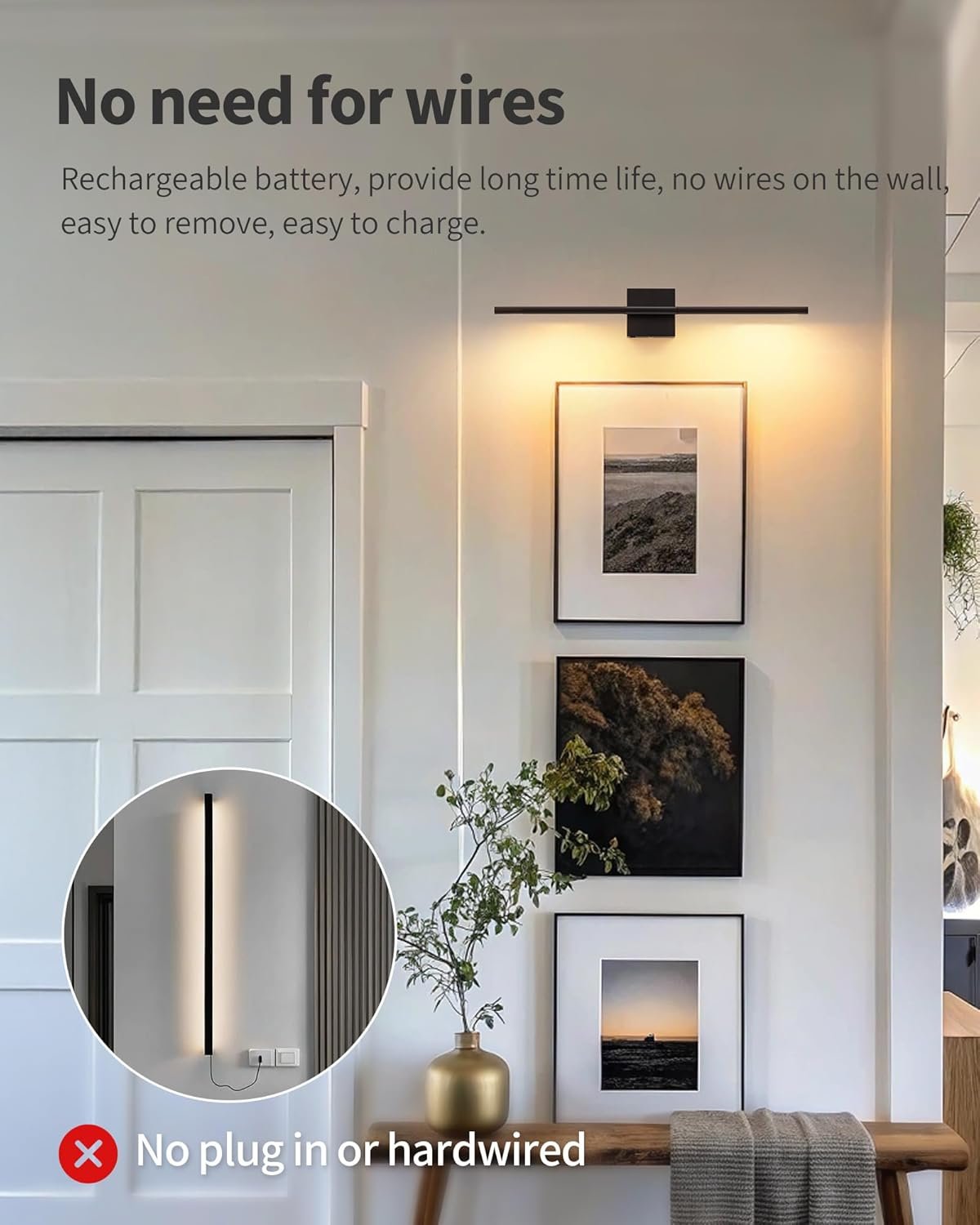 KDG Cordless Wall Sconces Set of 2, Wireless 7000mAh Rechargeable Battery Operated LED Wall Lamps with Remote, 360° Rotate Lightings for Wall Painting, Bedroom, Hallway, Night Light 23.6 inch (Black)