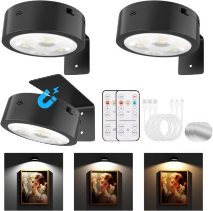 Picture Lights for Wall, Rechargeable Battery Operated Wireless Magnetic Painting Lights with Remote Dimmable and Timer, Wall Decor Lights with 3 Lighting Modes for Art Display (Black, 3Pack)