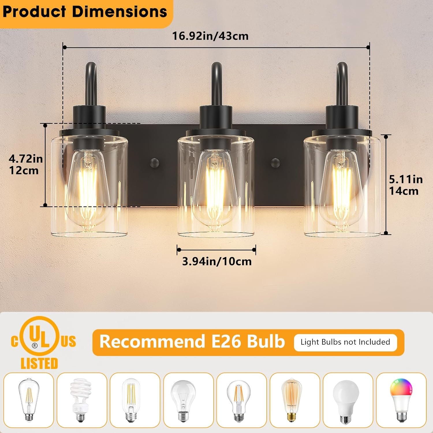 3-Light Bathroom Light Fixtures, Black Vanity Light Farmhouse Wall Sconces with Clear Glass Shade, Modern Bathroom Wall Lamp for Mirror Bedroom Hallway Living Room Cabinet