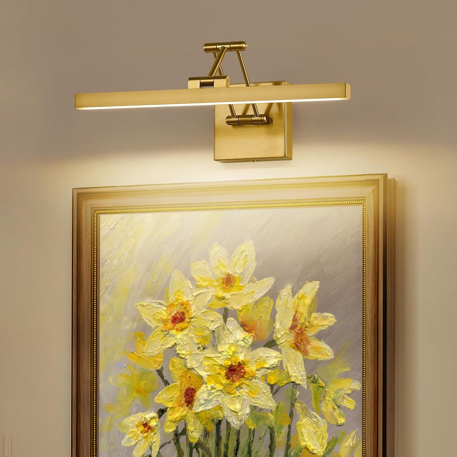 Hard-Wired Picture Light Dimmable LED Picture Lights for Paintings 15.7″ Inch Brass Metal Body Wall Pictures with Adjustable Gold Swing Arm Art Display Lamps 7W 3000K Warm White Book Light