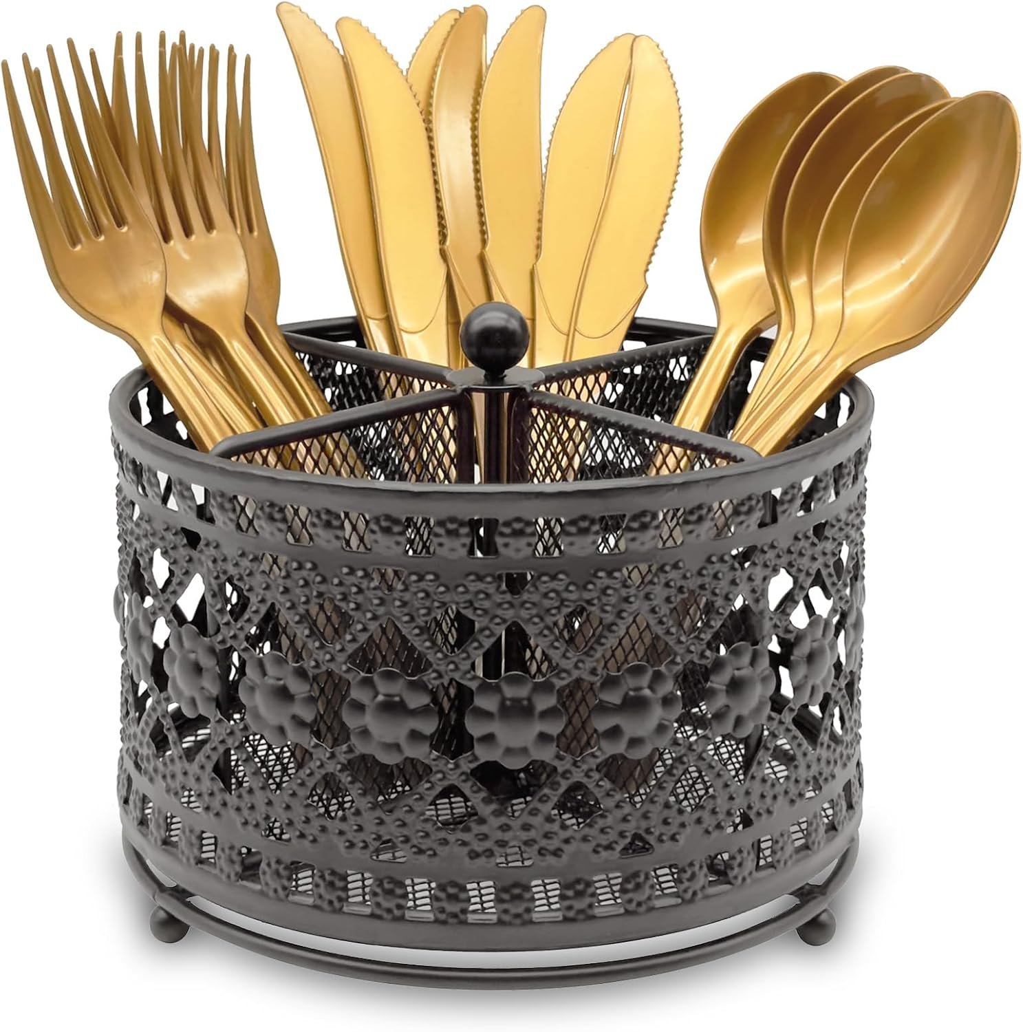 360° Rotating Metal Utensil Caddy – 4 Compartment Vintage Silverware Cutlery Holder Fork Spoon Napkin Organizer Flatware Storage Basket Party Countertop Buffet Picnic Camping Outdoor Black