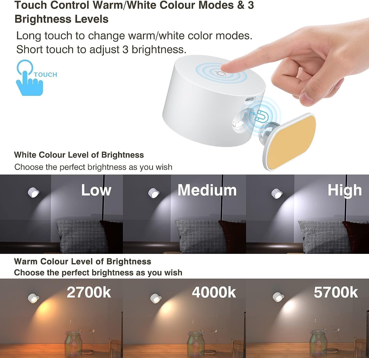 LED Wall Sconce, Wall Mounted Lamp with Rechargeable Battery Operated 3 Color Temperature & 3 Brightness Level 360°Rotate Magnetic Ball, Cordless Wall Light for Reading Bedside-White