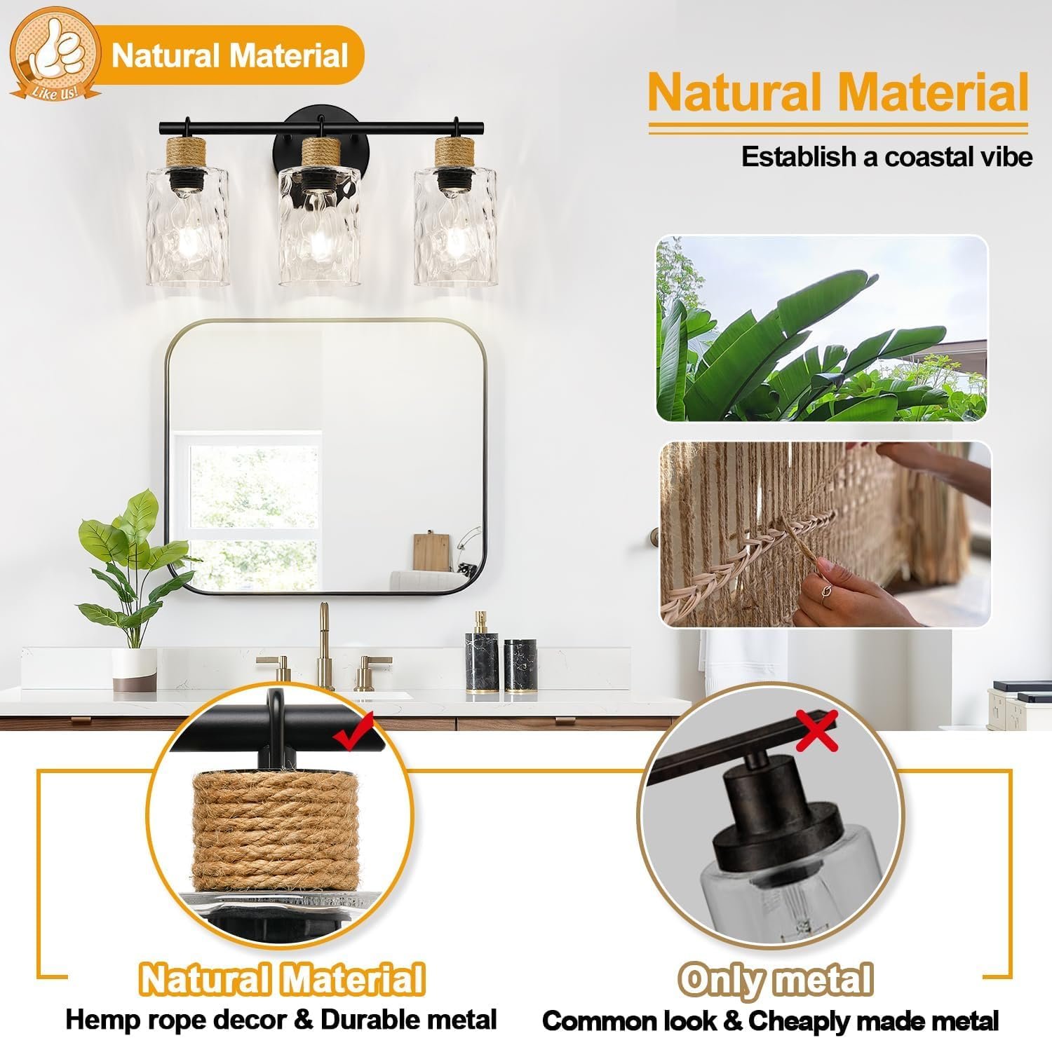 2025 Upgrade Bathroom Light Fixtures, 3-Light Coastal Vanity Lights with Crystal Glass Shade, Black Bathroom Wall Lamp for Mirror Kitchen Hallway Cabinet