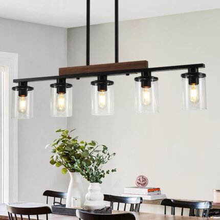 36.2‘’ Kitchen Lighting, 5-Light Dining Room Light Fixture Chandelier Over Table, Black Modern Rustic Wood Ceiling Pendant Light Fixtures, with Clear Glass Shade, Farmhouse Chandelier