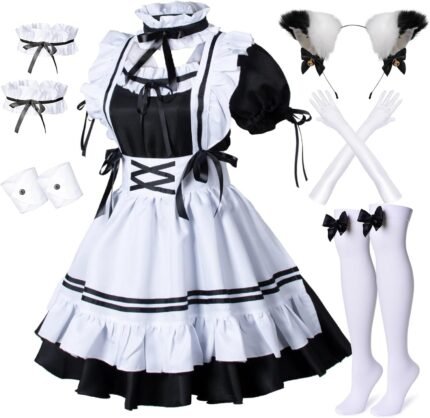 Wannsee Anime French Maid Apron Lolita Fancy Dress Cosplay Costume Furry Cat Ear Gloves Socks set(M)