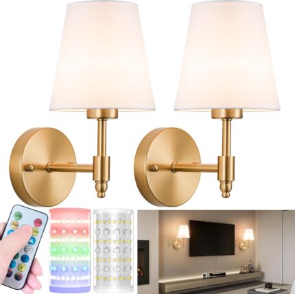 Battery Operated Wall Sconces Set of Two, Wireless Battery Wall Light with 10000mAh RGB Dimmable Magnetic Bulb, Rechargeable Wall Sconce with Remote for Bedroom, No Electrician Required Battery Operated Wall Sconces Set of Two, Wireless Battery Wall Light with 10000mAh RGB Dimmable Magnetic Bulb, Rechargeable Wall Sconce with Remote for Bedroom, No Electrician Required