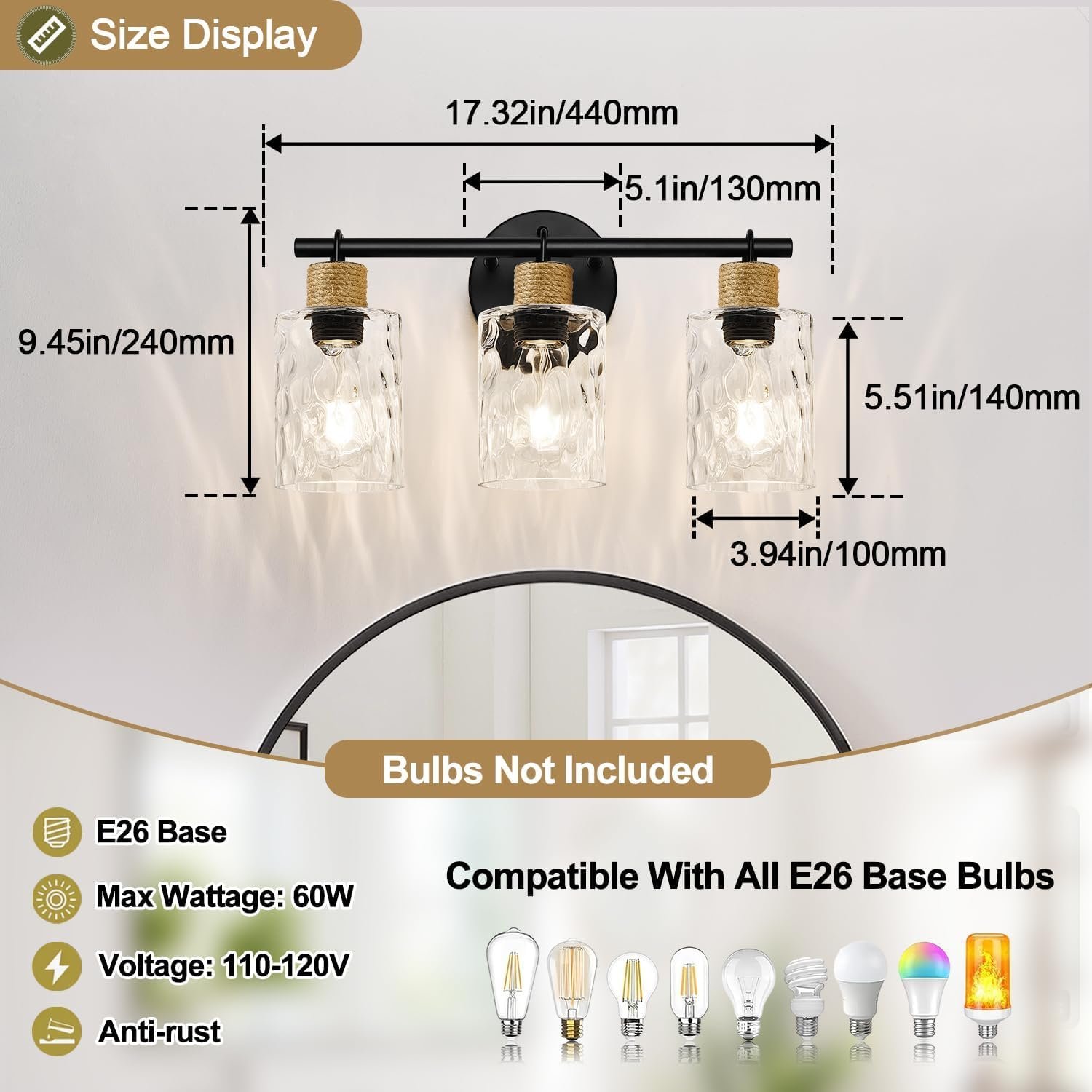 2025 Upgrade Bathroom Light Fixtures, 3-Light Coastal Vanity Lights with Crystal Glass Shade, Black Bathroom Wall Lamp for Mirror Kitchen Hallway Cabinet