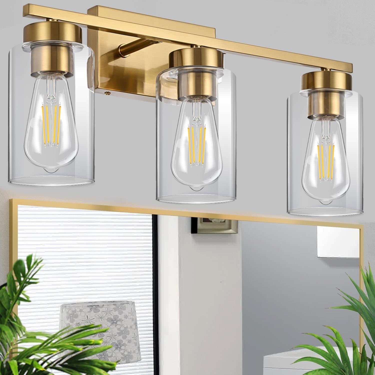 3-Light Bathroom Vanity Light, Modern Brushed Gold Wall Lights with Clear Glass Shades, Bathroom Wall Sconce Lamp for Mirror Living Room Bedroom Hallway
