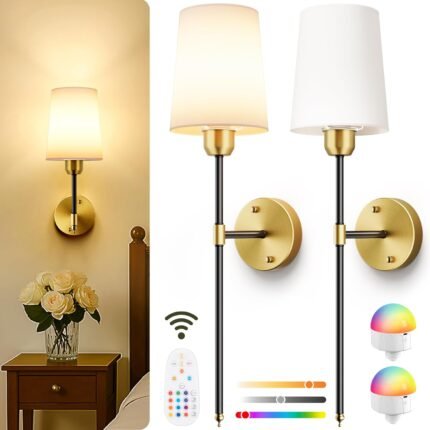 Battery Operated Wall Sconces Set of 2, Black Gold Wireless Wall Lights with Rechargeable Magnetic Bulbs and Remote, Dimmable & 15 RGB Colors Wall Lamps for Bedroom Living Room Hallway 23Inch