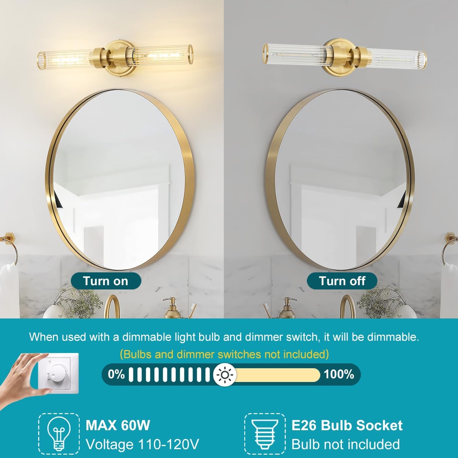 Bathroom Light Fixtures, Gold Wall Sconce in Threaded Glass Indoor Vanity Lights, Modern Bathroom Vanity Light Up and Down Sconces Wall Lighting for Bathroom, Living Room – Bulb Not Included