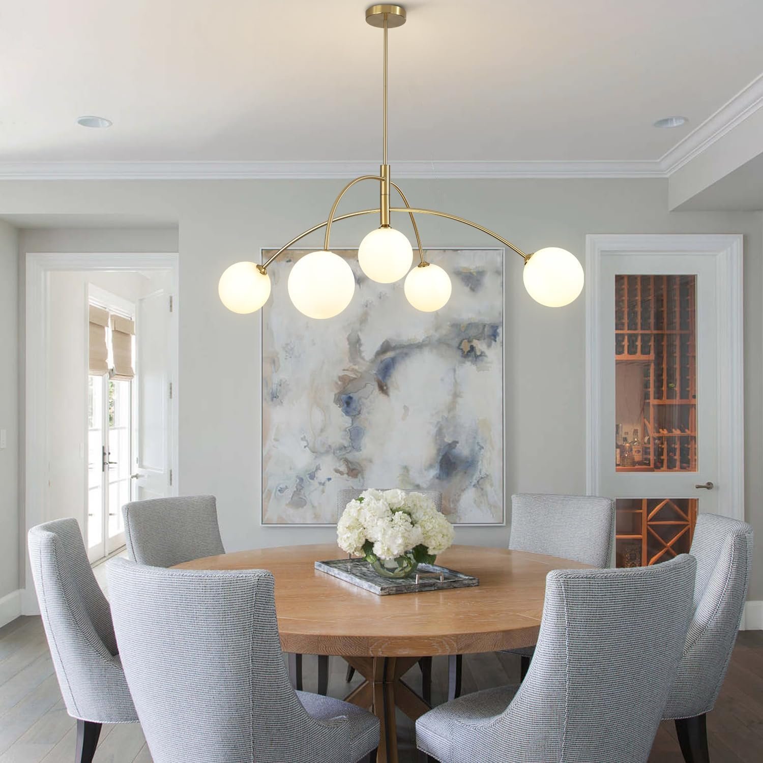 Contemporary Gold Ceiling Light 5-Light Glass Globe Lights Mid Century Modern Sputnik Chandelier for Dining Room Kitchen Bedroom Lighting Fixture