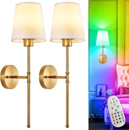 Depuley Battery Operated Wall Sconce: Set of 2 Wireless Wall Lights with Remote for Bedroom – Rechargeable 15 Colors Gold Wall Lamp for Living Room Hallway
