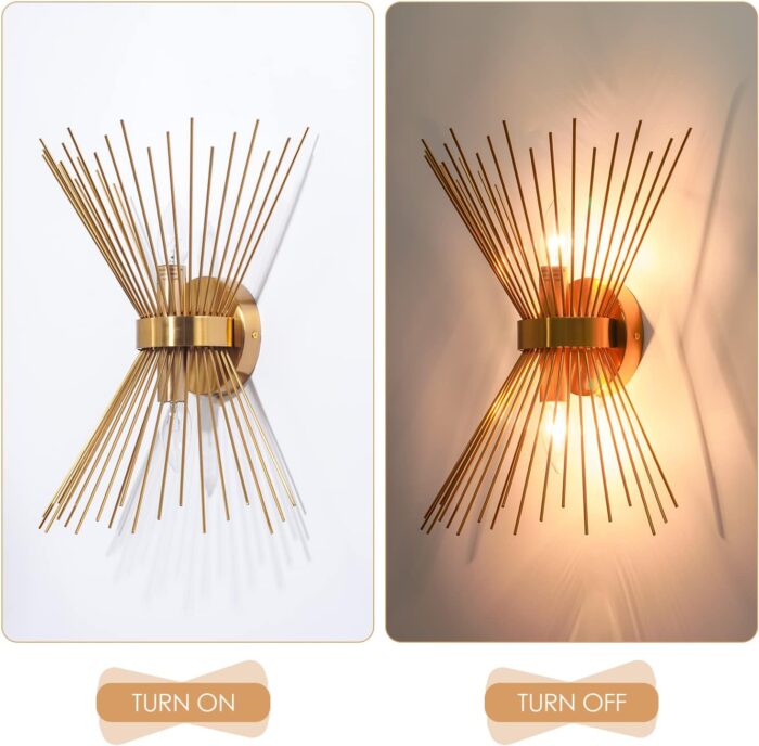 VILUXY Mid-Century Plug in Wall Sconces Antique Brass Brush Paint Finish with Starburst Shade and ON/Off Switch Cord for Bedside, Bedroom, Hallway, Entryway, Passway, Vanity 2 Pack - Image 6