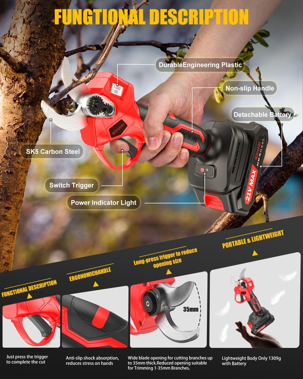 Electric Pruning Shears Cordless, 1.4″ Cutting Diameter, LCD Display with Cutting Count & Battery Level, Powerful Brushless Motor, 2×2000mAh Batteries, Battery Pruner for Garden, Orchard & Fruit Trees