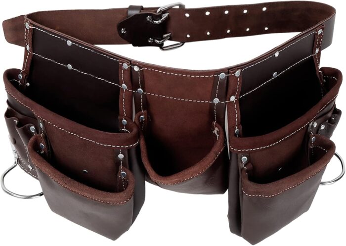 Leather Tool Belt Pouch Bag, Comfort Back Support Tool Pouches with Suspenders for Construction,Framers,Carpenter,Handyman (Black, Extra Large)30" waist size up to 56" (12 POCKET BROWN) - Image 3