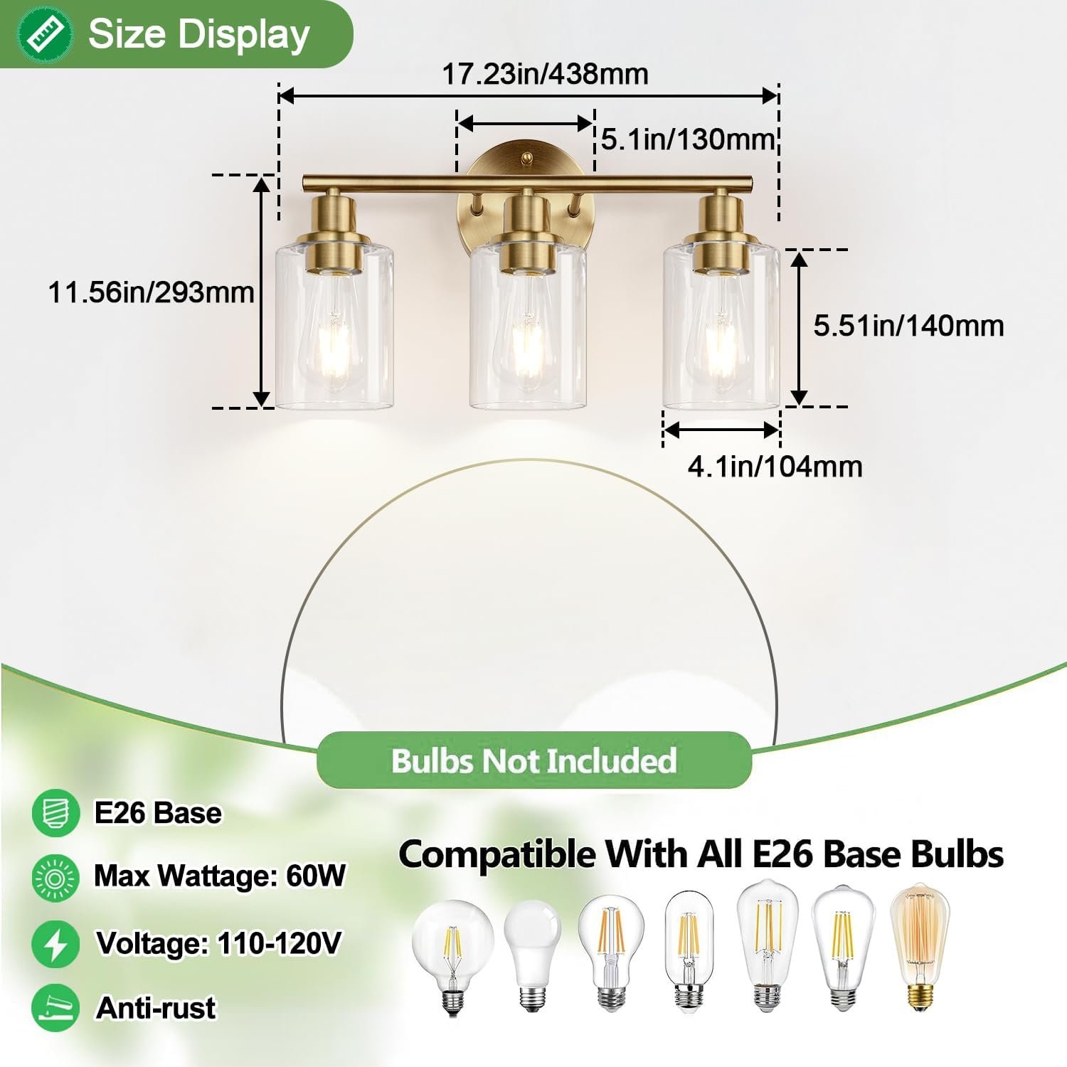 3-Light Bathroom Light Fixtures, Brushed Brass Bathroom Wall Lights with Clear Glass Shade, Modern Bathroom Wall Lamp for Mirror Kitchen Living Room Hallway Cabinet