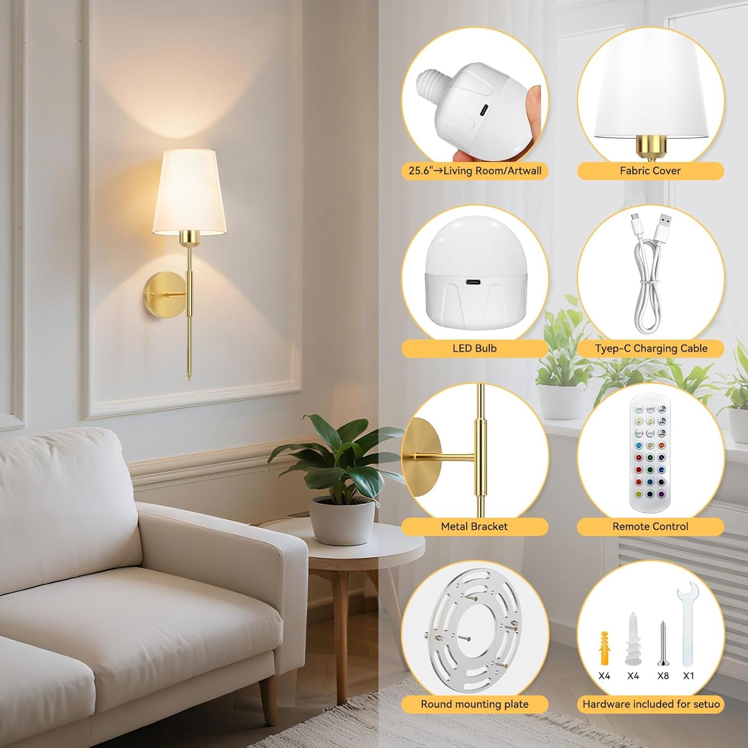 20 inch Battery Operated Wall Sconces Set of 2, Wireless Wall Lights with Rechargeable Bulbs & Remote, 15 Colors & Dimmable, Battery Powered Wall Lights for Bedroom, Living Room, Hallway, Gold