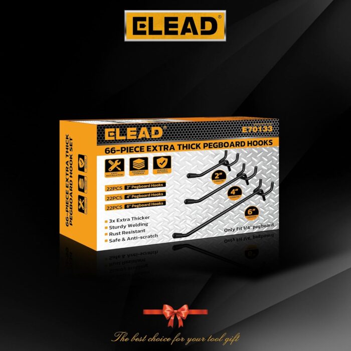 ELEAD 66-Piece 2/4/6 Inch Extra Thick Pegboard Hooks, Heavy Duty Peg Board Organizer Accessories, Peg Board Tool Hangers Fit for 1/4" Pegboard Hanging Tools Garage, Workshop, and Craft Storage - Image 8