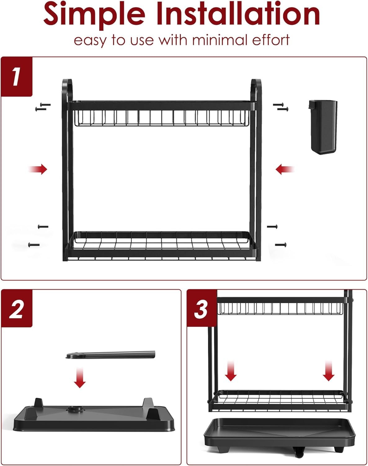 Sakugi 2-Tier Dish Drying Rack – Stainless Steel Dish Rack with Cutlery & Utensil Holders for Kitchen Counter, Sink Organization and Storage Essentials, Home Decor, 15″ W x 11.4″ L x 15″ H, Black