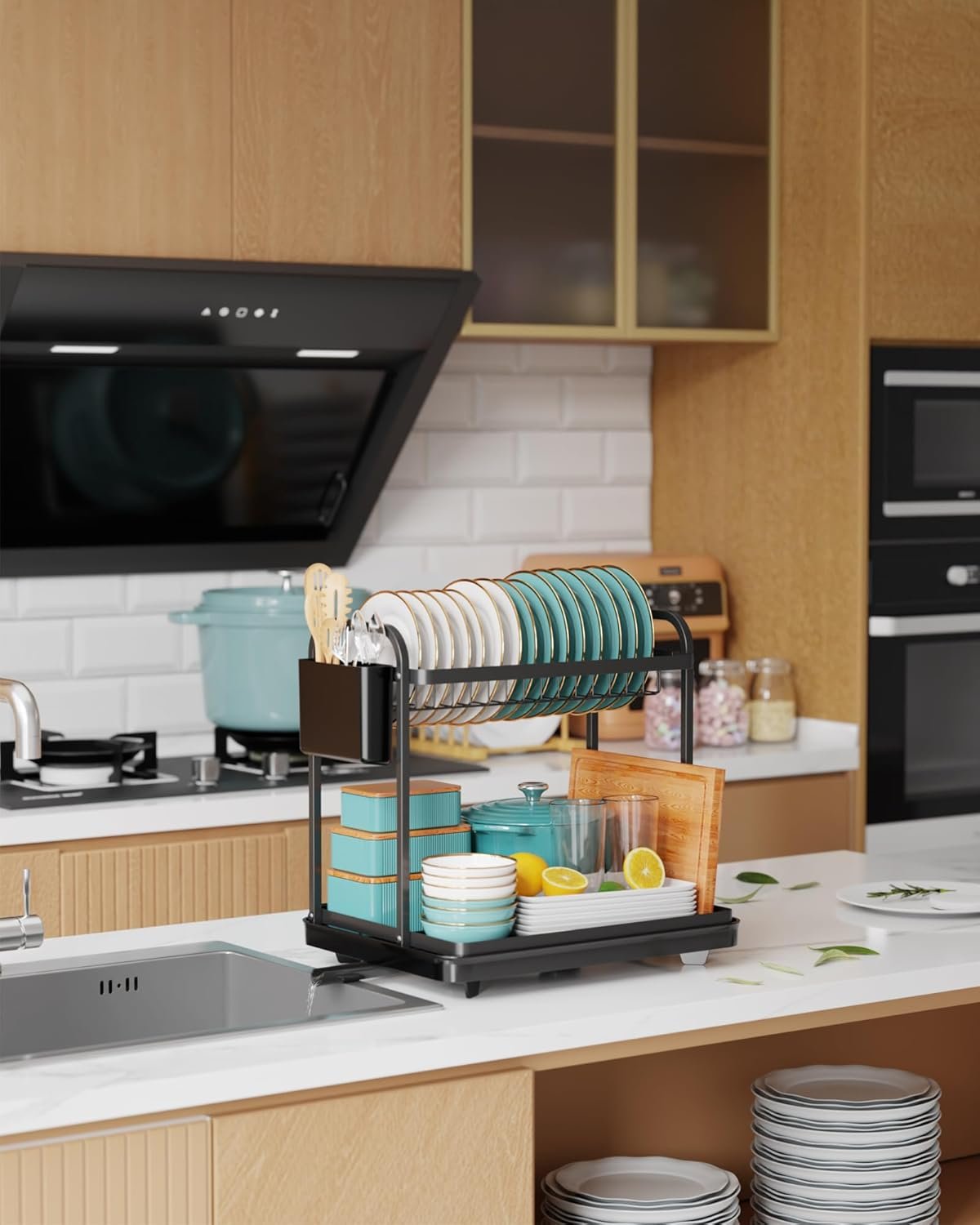 Sakugi 2-Tier Dish Drying Rack – Stainless Steel Dish Rack with Cutlery & Utensil Holders for Kitchen Counter, Sink Organization and Storage Essentials, Home Decor, 15″ W x 11.4″ L x 15″ H, Black