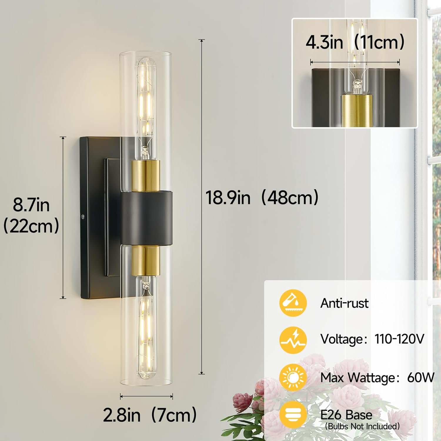 19″ Black and Gold Wall Sconces Set of Two,Modern Bathroom Light Fixtures,2-Light Vanity Lights for Mirror,Indoor Wall Lamp Wall Mount Hardwired Light for Bedroom with Clear Glass E26 Base