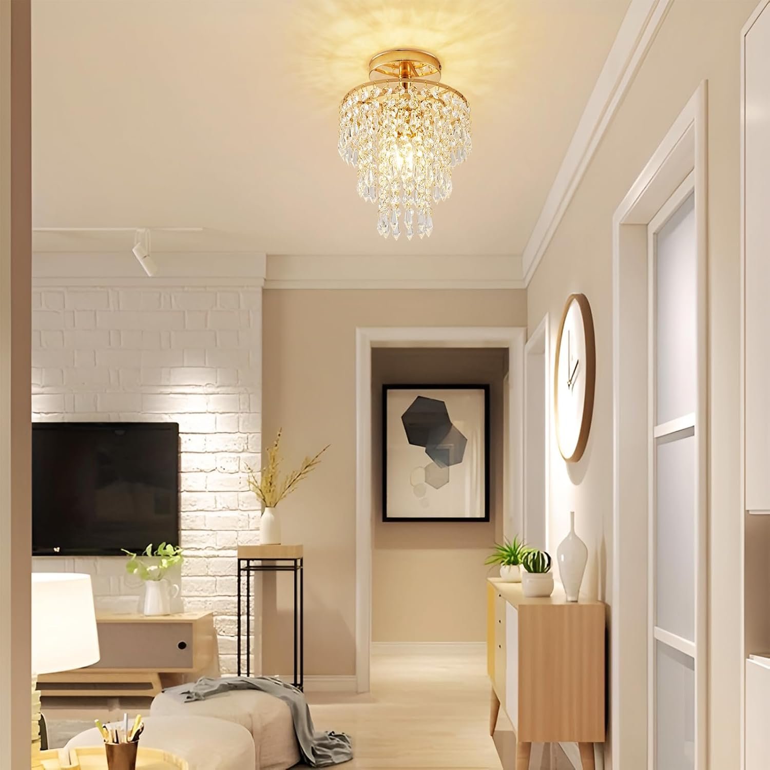 Modern Mini Crystal Chandelier, 3-Tier Raindrops Design Small Chandelier Light Fixture, Flush Mount Ceiling Light Fixture for Bedroom, Hallway, Living Room – E26 Base, Chandelier for Bedroom (Gold)