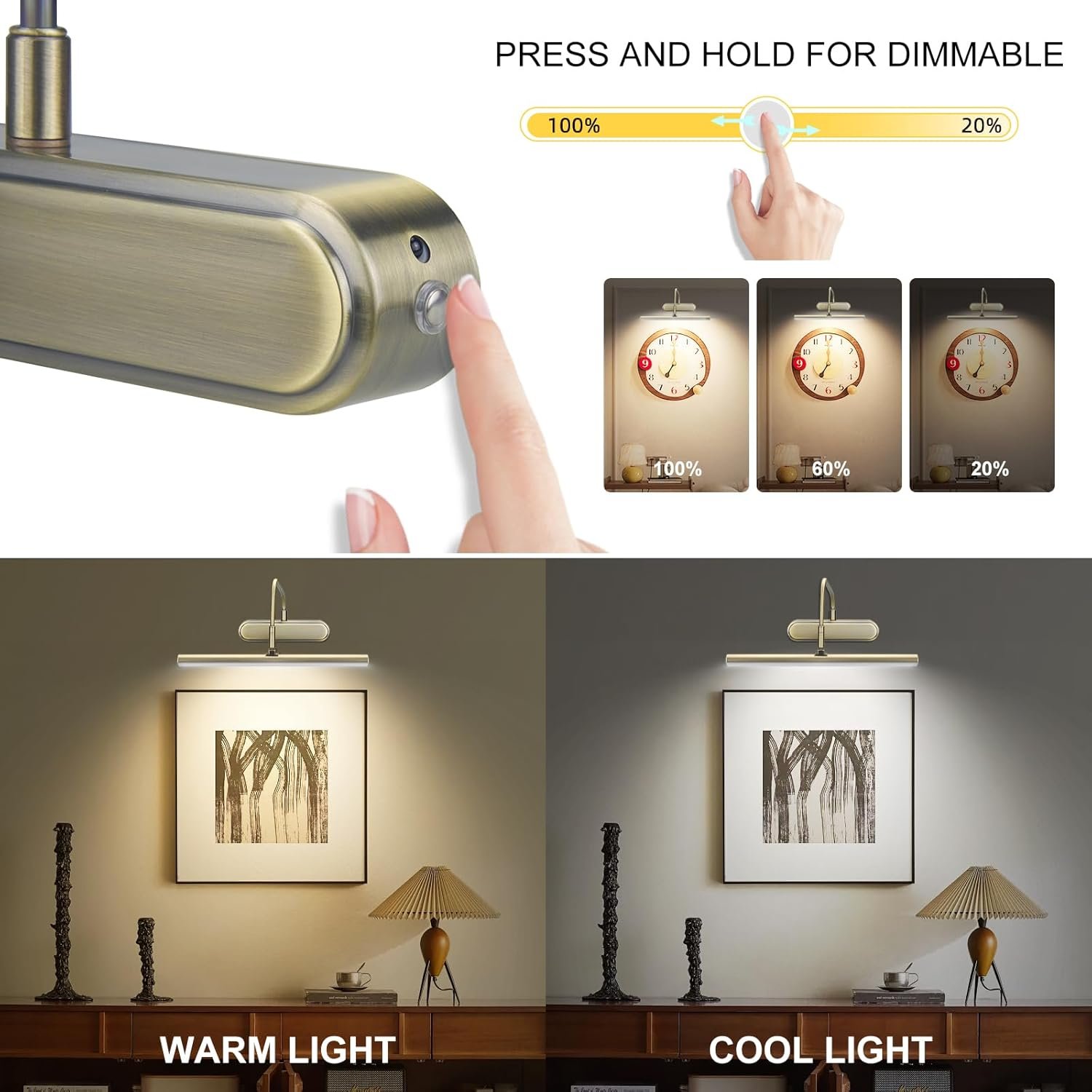 Picture Light,3AA Battery Art Lights for Paintings,Wireless Wall Lighting,Remote Control Accent Light with Timer and Dimmable for Frame,Portrait,Dartboard-Antique Brass