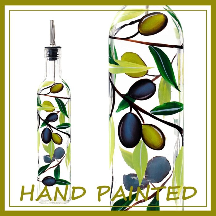 17oz Hand Painted Glass Olive Oil Bottle Dispenser- 500ml Green Oil & Vinegar Cruet with Pourers - Olive Oil Carafe Decanter for Kitchen (olive) - Image 2