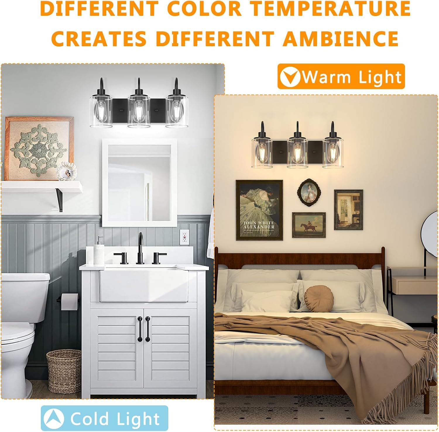 3-Light Bathroom Light Fixtures, Black Vanity Light Farmhouse Wall Sconces with Clear Glass Shade, Modern Bathroom Wall Lamp for Mirror Bedroom Hallway Living Room Cabinet