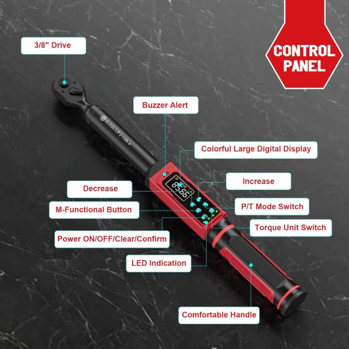 3/8-inch Digital Torque Wrench(1.5-99.6Ft.Lb/2-135Nm) ±1% Accuracy Digital Torque Wrench with Vibration, Buzzer,LED Notification and Five Units of Measure, for Motorcycle, Auto Repair - Image 7